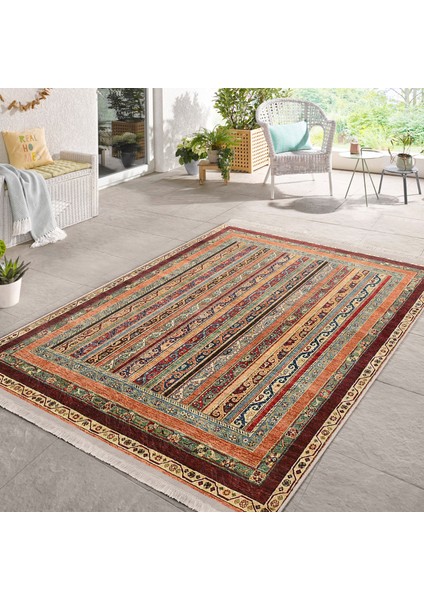 Bej Zeminde Kilim Motifli Geleneksel Desenli Avangarde Etnik Motifler Salon & Oturma Odası Koridor & Antre Dijital Baskılı Makinede Yıkanabilir Kaymaz Taban Saçaklı Halı