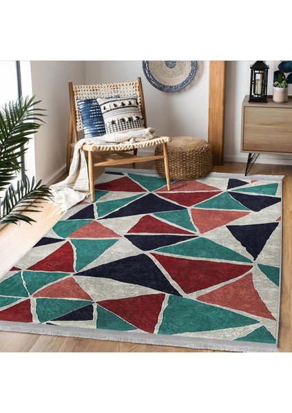 Gri Zeminde Üçgen Motifli Geometrik Desenli Geometrik Sade & Şık Salon & Oturma Odası Koridor & Antre Dijital Baskılı Makinede Yıkanabilir Kaymaz Taban Saçaklı Halı