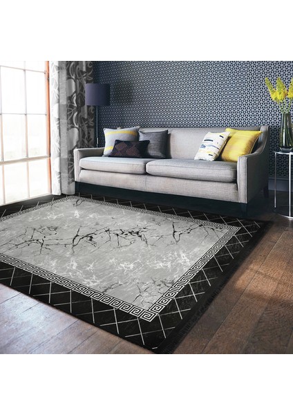 Siyah - Gri Zeminde Çerçeveli Motifli Mermer Desenli Geometrik Sade & Şık Salon & Oturma Odası Yatak Odası Dijital Baskılı Makinede Yıkanabilir Kaymaz Taban Saçaklı Halı fiyatları