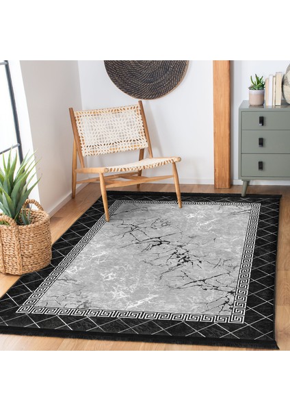 Siyah - Gri Zeminde Çerçeveli Motifli Mermer Desenli Geometrik Sade & Şık Salon & Oturma Odası Yatak Odası Dijital Baskılı Makinede Yıkanabilir Kaymaz Taban Saçaklı Halı modelleri