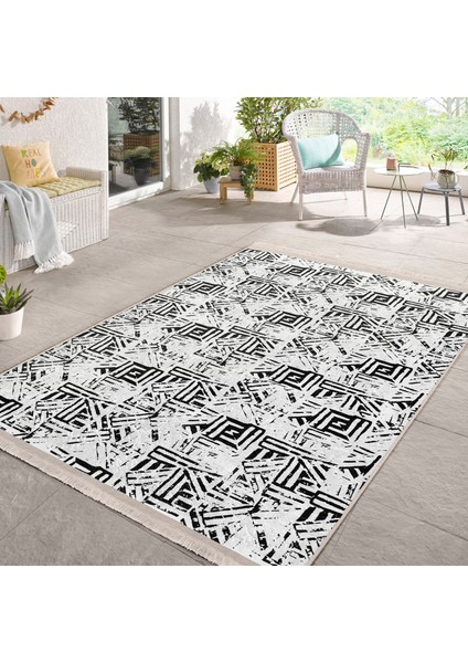 Siyah - Beyaz Zeminde Geometrik Motifli Eskitme Desenli Geometrik Eskitme Motifli Salon & Oturma Odası Koridor & Antre Dijital Baskılı Makinede Yıkanabilir Kaymaz Taban Saçaklı Halı
