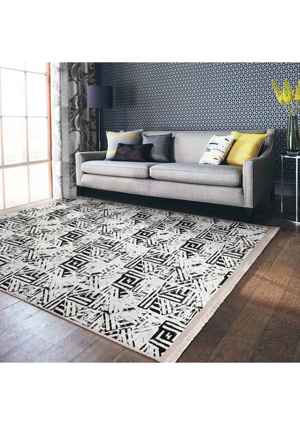 Siyah - Beyaz Zeminde Geometrik Motifli Eskitme Desenli Geometrik Eskitme Motifli Salon & Oturma Odası Koridor & Antre Dijital Baskılı Makinede Yıkanabilir Kaymaz Taban Saçaklı Halı fiyatları
