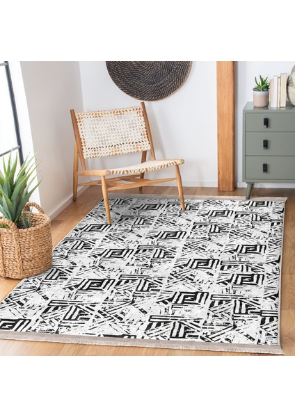 Siyah - Beyaz Zeminde Geometrik Motifli Eskitme Desenli Geometrik Eskitme Motifli Salon & Oturma Odası Koridor & Antre Dijital Baskılı Makinede Yıkanabilir Kaymaz Taban Saçaklı Halı modelleri