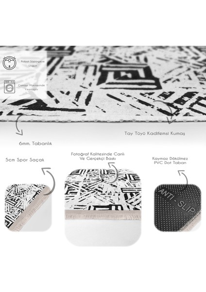 Siyah - Beyaz Zeminde Geometrik Motifli Eskitme Desenli Geometrik Eskitme Motifli Salon & Oturma Odası Koridor & Antre Dijital Baskılı Makinede Yıkanabilir Kaymaz Taban Saçaklı Halı fırsatları