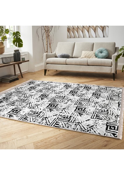 Siyah - Beyaz Zeminde Geometrik Motifli Eskitme Desenli Geometrik Eskitme Motifli Salon & Oturma Odası Koridor & Antre Dijital Baskılı Makinede Yıkanabilir Kaymaz Taban Saçaklı Halı indirimleri