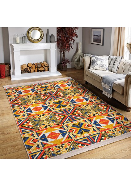 Lacivert - Hardal Zeminde Etnik Motifli Tribal Desenli Geometrik Etnik Motifler Salon & Oturma Odası Dış Mekan & Outdoor Dijital Baskılı Makinede Yıkanabilir Kaymaz Taban Saçaklı Halı