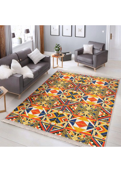 Lacivert - Hardal Zeminde Etnik Motifli Tribal Desenli Geometrik Etnik Motifler Salon & Oturma Odası Dış Mekan & Outdoor Dijital Baskılı Makinede Yıkanabilir Kaymaz Taban Saçaklı Halı modelleri