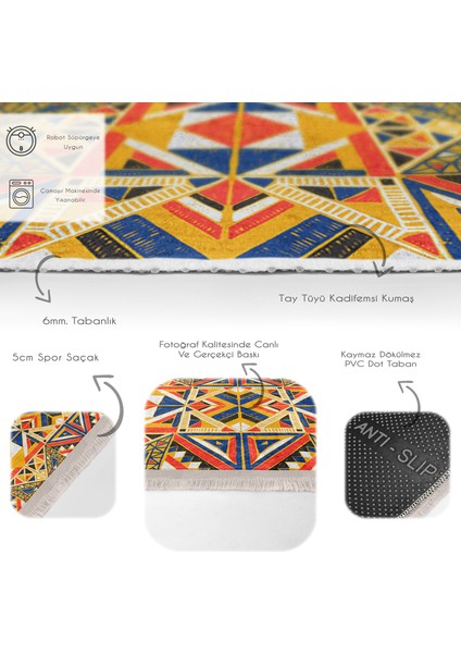 Lacivert - Hardal Zeminde Etnik Motifli Tribal Desenli Geometrik Etnik Motifler Salon & Oturma Odası Dış Mekan & Outdoor Dijital Baskılı Makinede Yıkanabilir Kaymaz Taban Saçaklı Halı fırsatları