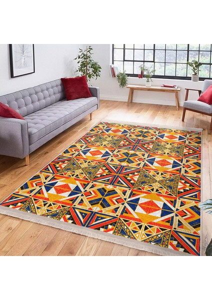 Lacivert - Hardal Zeminde Etnik Motifli Tribal Desenli Geometrik Etnik Motifler Salon & Oturma Odası Dış Mekan & Outdoor Dijital Baskılı Makinede Yıkanabilir Kaymaz Taban Saçaklı Halı indirimleri