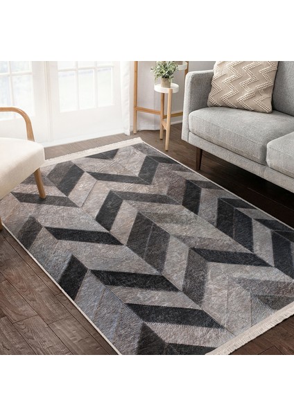 Krem - Kahverengi Zeminde Patchwork Motifli Kürk Desenli Sade & Şık Klasik Salon & Oturma Odası Koridor & Antre Dijital Baskılı Makinede Yıkanabilir Kaymaz Taban Saçaklı Halı