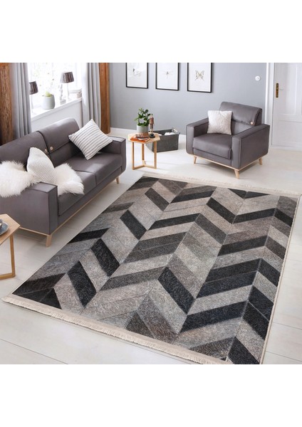Krem - Kahverengi Zeminde Patchwork Motifli Kürk Desenli Sade & Şık Klasik Salon & Oturma Odası Koridor & Antre Dijital Baskılı Makinede Yıkanabilir Kaymaz Taban Saçaklı Halı