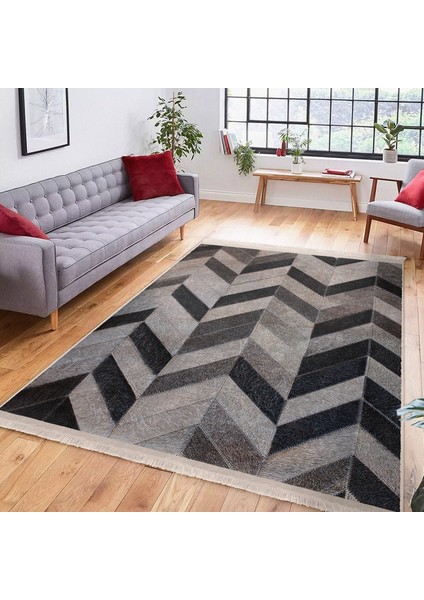 Krem - Kahverengi Zeminde Patchwork Motifli Kürk Desenli Sade & Şık Klasik Salon & Oturma Odası Koridor & Antre Dijital Baskılı Makinede Yıkanabilir Kaymaz Taban Saçaklı Halı