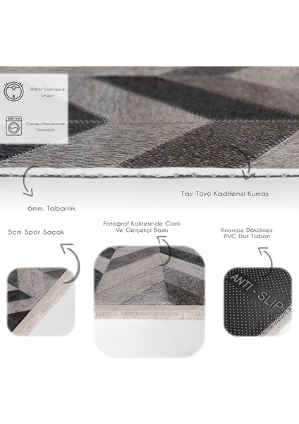 Krem - Kahverengi Zeminde Patchwork Motifli Kürk Desenli Sade & Şık Klasik Salon & Oturma Odası Koridor & Antre Dijital Baskılı Makinede Yıkanabilir Kaymaz Taban Saçaklı Halı