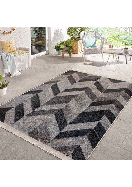 Krem - Kahverengi Zeminde Patchwork Motifli Kürk Desenli Sade & Şık Klasik Salon & Oturma Odası Koridor & Antre Dijital Baskılı Makinede Yıkanabilir Kaymaz Taban Saçaklı Halı