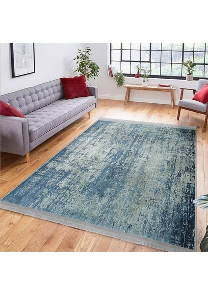 Mavi Zeminde Sulu Boya Motifli Duvar Desenli Eskitme Motifli Vintage Salon & Oturma Odası Koridor & Antre Dijital Baskılı Makinede Yıkanabilir Kaymaz Taban Saçaklı Halı