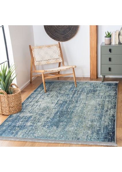 Mavi Zeminde Sulu Boya Motifli Duvar Desenli Eskitme Motifli Vintage Salon & Oturma Odası Koridor & Antre Dijital Baskılı Makinede Yıkanabilir Kaymaz Taban Saçaklı Halı