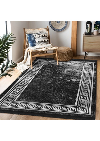 Siyah Zeminde Çerçeve Motifli Geometrik Desenli Eskitme Motifli Klasik Salon & Oturma Odası Ofis Dijital Baskılı Makinede Yıkanabilir Kaymaz Taban Saçaklı Halı