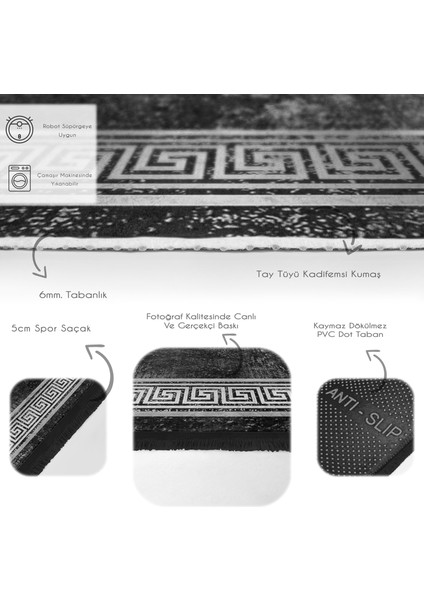 Siyah Zeminde Çerçeve Motifli Geometrik Desenli Eskitme Motifli Klasik Salon & Oturma Odası Ofis Dijital Baskılı Makinede Yıkanabilir Kaymaz Taban Saçaklı Halı