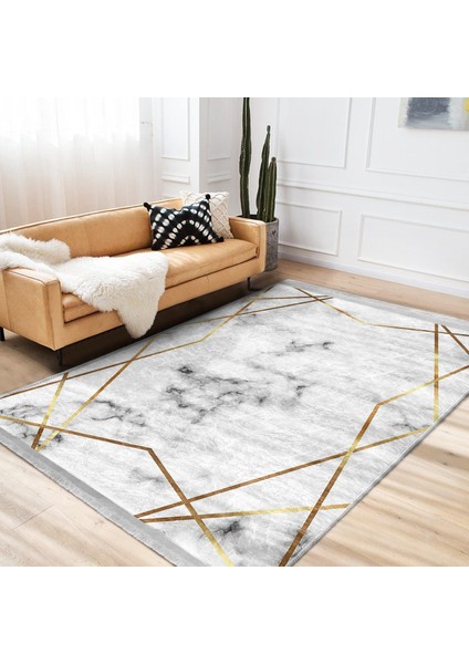Beyaz Zeminde Modern Motifli Mermer Desenli Geometrik Klasik Salon & Oturma Odası Banyo Dijital Baskılı Makinede Yıkanabilir Kaymaz Taban Saçaklı Halı