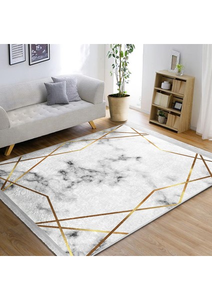 Beyaz Zeminde Modern Motifli Mermer Desenli Geometrik Klasik Salon & Oturma Odası Banyo Dijital Baskılı Makinede Yıkanabilir Kaymaz Taban Saçaklı Halı modelleri