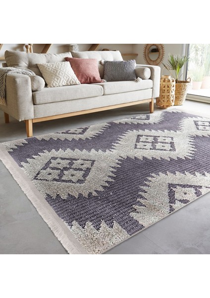 Gri Zeminde Baklava Motifli Kilim Desenli Bohem Sade & Şık Koridor & Antre Salon & Oturma Odası Dijital Baskılı Makinede Yıkanabilir Kaymaz Taban Saçaklı Halı modelleri