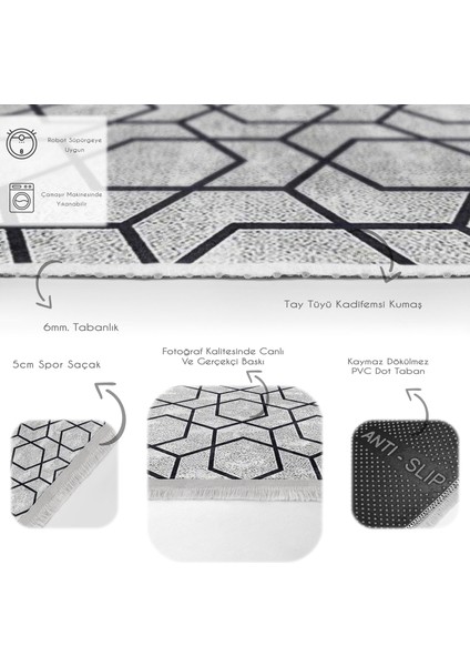 Gri Zeminde Siyah Geometrik Motifli Klasik Desenli Sade & Şık Geometrik Salon & Oturma Odası Koridor & Antre Dijital Baskılı Makinede Yıkanabilir Kaymaz Taban Saçaklı Halı fırsatları