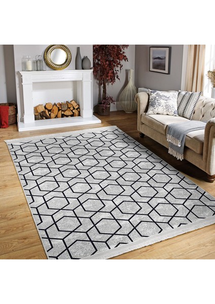 Gri Zeminde Siyah Geometrik Motifli Klasik Desenli Sade & Şık Geometrik Salon & Oturma Odası Koridor & Antre Dijital Baskılı Makinede Yıkanabilir Kaymaz Taban Saçaklı Halı indirimleri