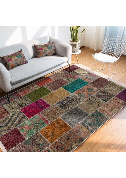 Kırkyama Zeminde Etnik Motifli Patchwork Desenli Vintage Etnik Motifler Salon & Oturma Odası Yatak Odası Dijital Baskılı Makinede Yıkanabilir Kaymaz Taban Saçaklı Halı