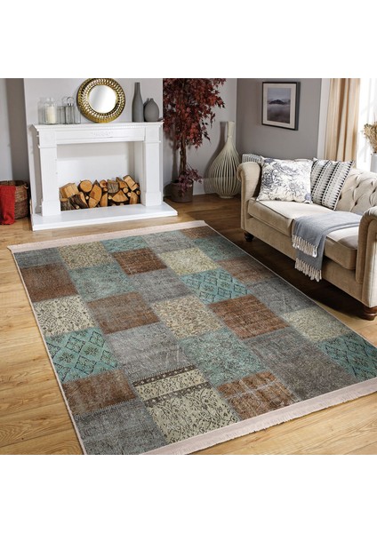Krem Zeminde Kırkyama Motifli Patchwork Desenli Vintage Sade & Şık Salon & Oturma Odası Yatak Odası Dijital Baskılı Makinede Yıkanabilir Kaymaz Taban Saçaklı Halı