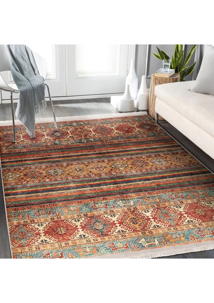 Kiremit Zeminde Kilim Motifli Baklava Desenli Etnik Motifler Avangarde Salon & Oturma Odası Salon & Oturma Odası Dijital Baskılı Makinede Yıkanabilir Kaymaz Taban Saçaklı Halı