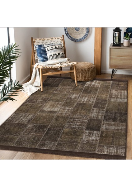Kahverengi Zeminde Patchwork Motifli Yöresel Desenli Vintage Eskitme Motifli Salon & Oturma Odası Yatak Odası Dijital Baskılı Makinede Yıkanabilir Kaymaz Taban Saçaklı Halı modelleri