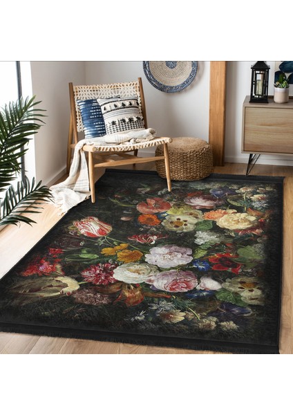 Siyah Zeminde Çiçek Motifli Yapraklar Desenli Floral Klasik Mutfak Salon & Oturma Odası Dijital Baskılı Makinede Yıkanabilir Kaymaz Taban Saçaklı Halı