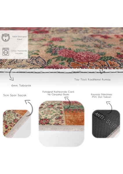 Kırmızı - Krem Zeminde Patchwork Motifli Geleneksel Desenli Vintage Etnik Motifler Salon & Oturma Odası Koridor & Antre Dijital Baskılı Makinede Yıkanabilir Kaymaz Taban Saçaklı Halı fırsatları