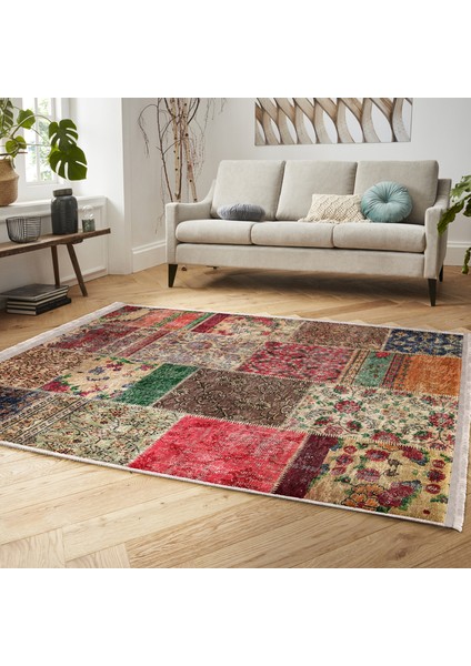 Kırmızı - Krem Zeminde Patchwork Motifli Geleneksel Desenli Vintage Etnik Motifler Salon & Oturma Odası Koridor & Antre Dijital Baskılı Makinede Yıkanabilir Kaymaz Taban Saçaklı Halı indirimleri