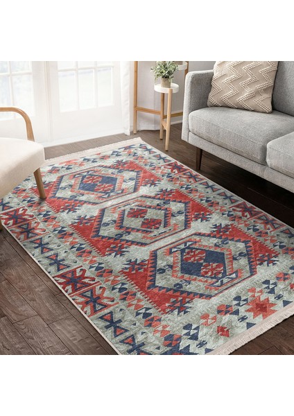 Kırmızı Zeminde Kilim Motifli Geleneksel Desenli Avangarde Etnik Motifler Salon & Oturma Odası Yatak Odası Dijital Baskılı Makinede Yıkanabilir Kaymaz Taban Saçaklı Halı