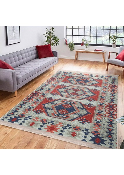 Kırmızı Zeminde Kilim Motifli Geleneksel Desenli Avangarde Etnik Motifler Salon & Oturma Odası Yatak Odası Dijital Baskılı Makinede Yıkanabilir Kaymaz Taban Saçaklı Halı modelleri