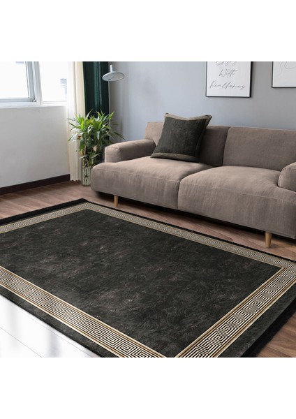 Füme Zeminde Çerçeveli Motifli Klasik Desenli Sade & Şık Klasik Salon & Oturma Odası Koridor & Antre Dijital Baskılı Makinede Yıkanabilir Kaymaz Taban Saçaklı Halı modelleri