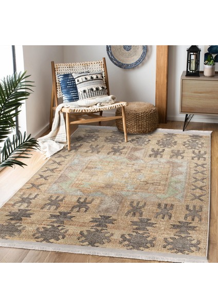 Krem Zeminde Tribal Motifli Antik Desenli Etnik Motifler Vintage Salon & Oturma Odası Koridor & Antre Dijital Baskılı Makinede Yıkanabilir Kaymaz Taban Saçaklı Halı