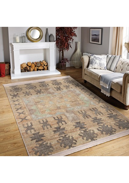 Krem Zeminde Tribal Motifli Antik Desenli Etnik Motifler Vintage Salon & Oturma Odası Koridor & Antre Dijital Baskılı Makinede Yıkanabilir Kaymaz Taban Saçaklı Halı