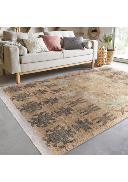 Krem Zeminde Tribal Motifli Antik Desenli Etnik Motifler Vintage Salon & Oturma Odası Koridor & Antre Dijital Baskılı Makinede Yıkanabilir Kaymaz Taban Saçaklı Halı