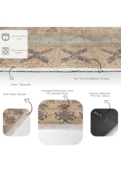 Krem Zeminde Tribal Motifli Antik Desenli Etnik Motifler Vintage Salon & Oturma Odası Koridor & Antre Dijital Baskılı Makinede Yıkanabilir Kaymaz Taban Saçaklı Halı