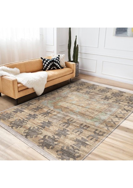 Krem Zeminde Tribal Motifli Antik Desenli Etnik Motifler Vintage Salon & Oturma Odası Koridor & Antre Dijital Baskılı Makinede Yıkanabilir Kaymaz Taban Saçaklı Halı