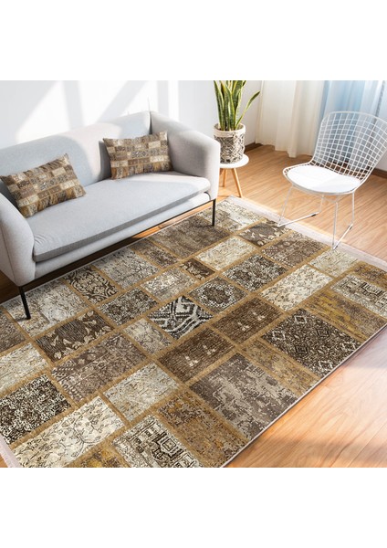Kahverengi Zeminde Patchwork Motifli Yöresel Desenli Etnik Motifler Klasik Koridor & Antre Yatak Odası Dijital Baskılı Makinede Yıkanabilir Kaymaz Taban Saçaklı Halı fiyatları
