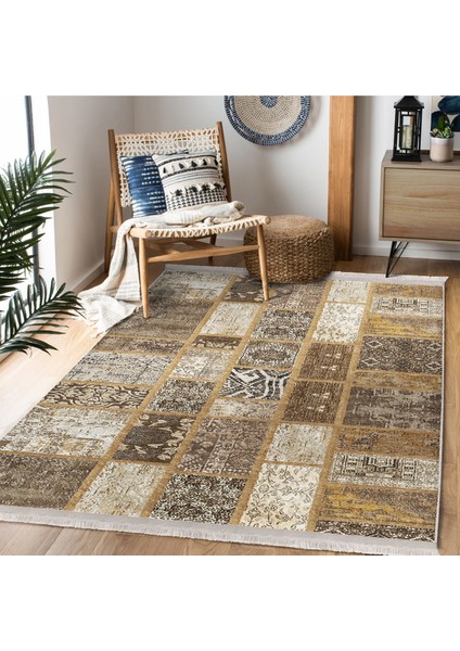 Kahverengi Zeminde Patchwork Motifli Yöresel Desenli Etnik Motifler Klasik Koridor & Antre Yatak Odası Dijital Baskılı Makinede Yıkanabilir Kaymaz Taban Saçaklı Halı modelleri