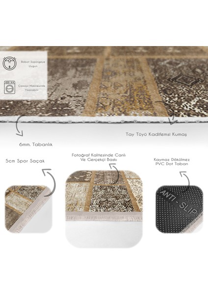 Kahverengi Zeminde Patchwork Motifli Yöresel Desenli Etnik Motifler Klasik Koridor & Antre Yatak Odası Dijital Baskılı Makinede Yıkanabilir Kaymaz Taban Saçaklı Halı fırsatları