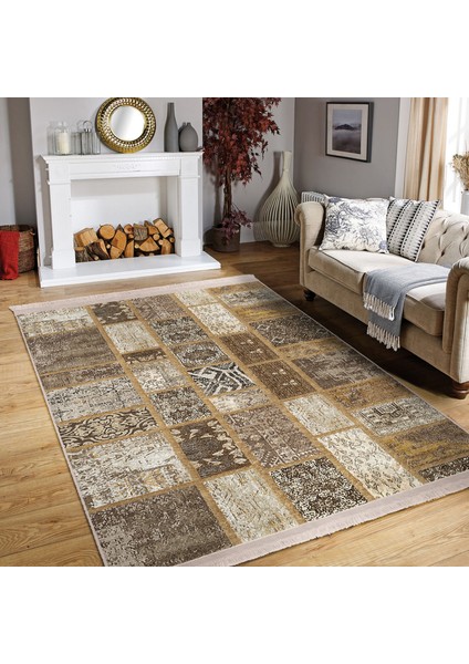 Kahverengi Zeminde Patchwork Motifli Yöresel Desenli Etnik Motifler Klasik Koridor & Antre Yatak Odası Dijital Baskılı Makinede Yıkanabilir Kaymaz Taban Saçaklı Halı indirimleri