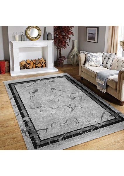 Siyah - Gri Zeminde Çerçeveli Motifli Mermer Desenli Geometrik Eskitme Motifli Salon & Oturma Odası Dış Mekan & Outdoor Dijital Baskılı Makinede Yıkanabilir Kaymaz Taban Saçaklı Halı