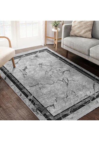 Siyah - Gri Zeminde Çerçeveli Motifli Mermer Desenli Geometrik Eskitme Motifli Salon & Oturma Odası Dış Mekan & Outdoor Dijital Baskılı Makinede Yıkanabilir Kaymaz Taban Saçaklı Halı fiyatları