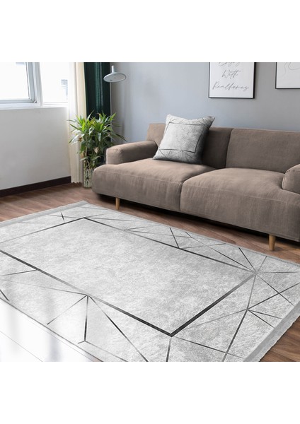 Gri Zeminde Çerçeveli Motifli Dokuma Halı Desenli Geometrik Sade & Şık Salon & Oturma Odası Mutfak Dijital Baskılı Makinede Yıkanabilir Kaymaz Taban Saçaklı Halı