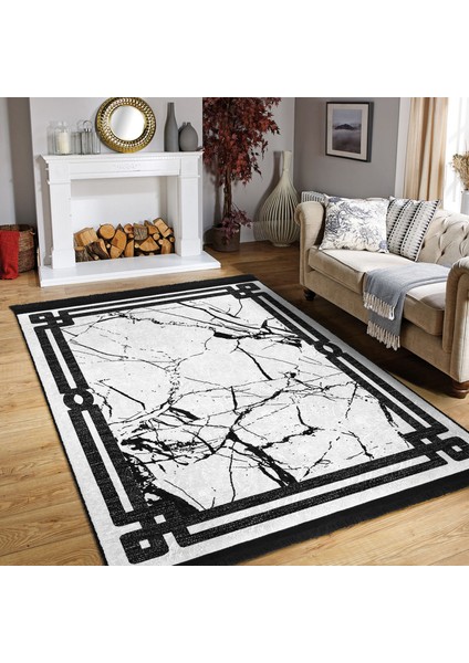 Siyah - Beyaz Zeminde Çerçeveli Motifli Mermer Desenli Geometrik Avangarde Salon & Oturma Odası Dış Mekan & Outdoor Dijital Baskılı Makinede Yıkanabilir Kaymaz Taban Saçaklı Halı